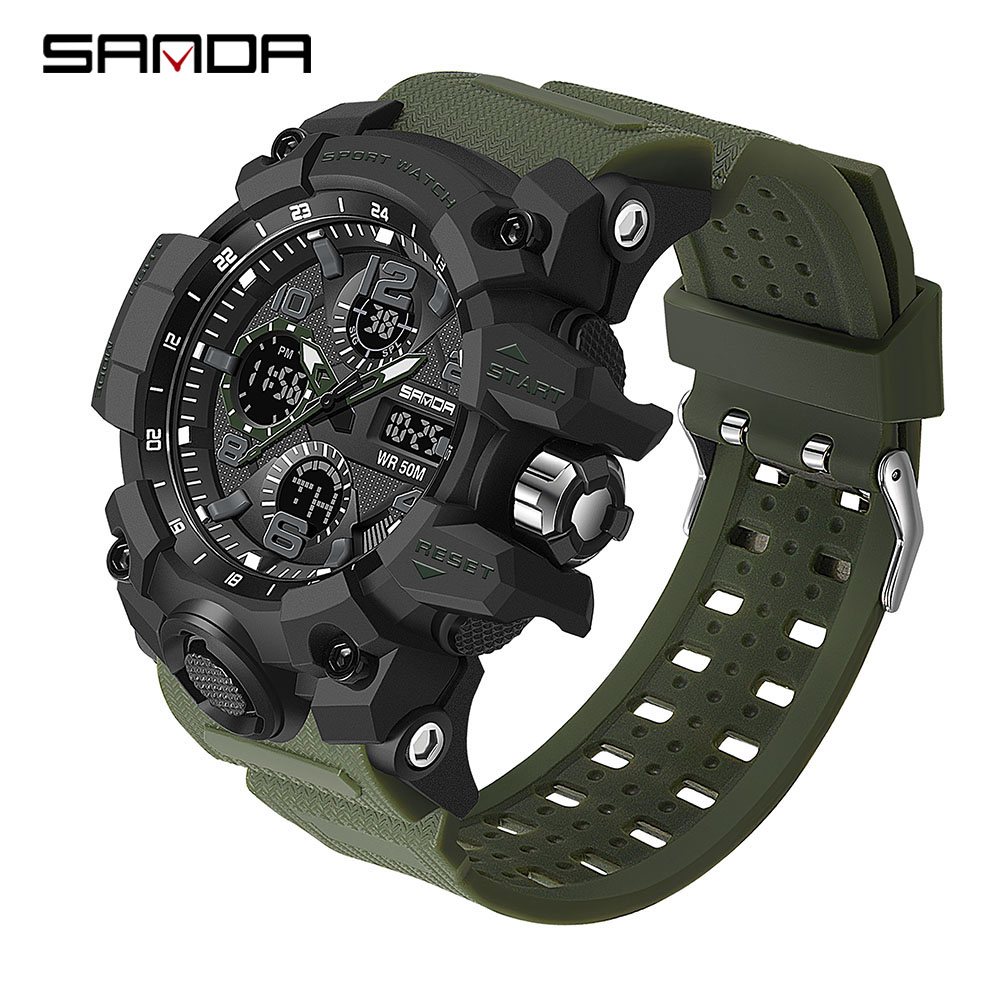 

2021 SANDA Sports Military Mens Watches Waterproof Dual Display Quartz Wristwatch For Male Clock Stopwatch Relogios Masculinog, Black black