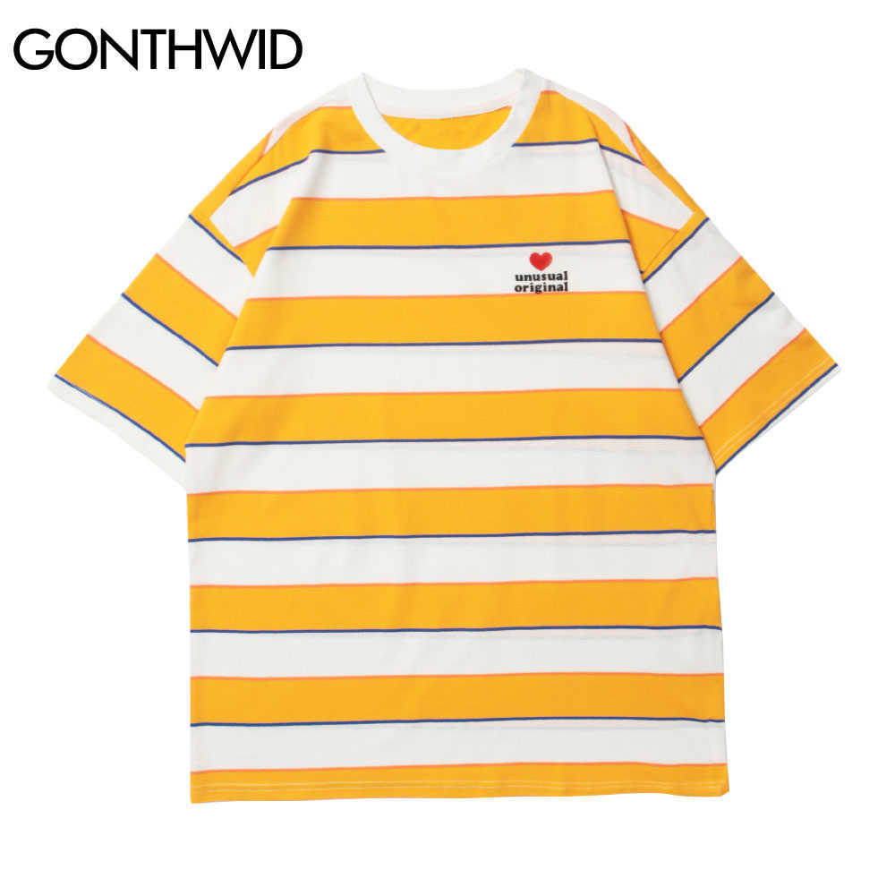 

GONTHWID Tshirts Streetwear Hip Hop Color Striped Summer Tees Shirts Men Harajuku Fashion Casual Cotton Loose Short Sleeve Tops 210629, Green