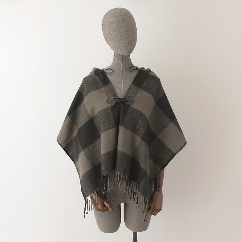 

Scarves Winter Women Scarf Classical Black Grey Plaid Hooded Shawl Wraps Female Warm Cashmere Poncho Pashmina Cape With Hat, Blue;gray