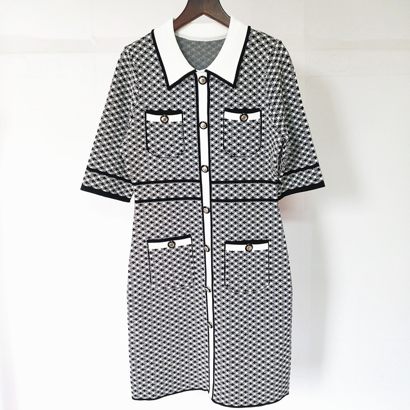 59% Off Factory Outlet Store spring Lapel thousand bird lattice 4-Pocket 5-sleeve lady knitted dress-image-710911991