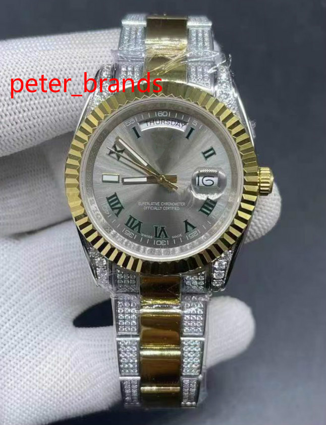 

Good quality watches Two tone gold case 40mm gray dial mechanical automatic sweeping hands green Roman numbers diamonds strap special edition watch, Green dial