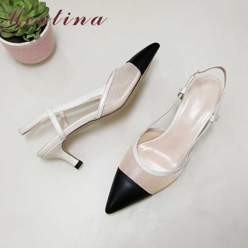 

Meotina Natural Genuine Leather Slingbacks Shoes Women Pointed Toe High Heels Cutout Sandals Ladies Footwear Beige Large Size 43 210608