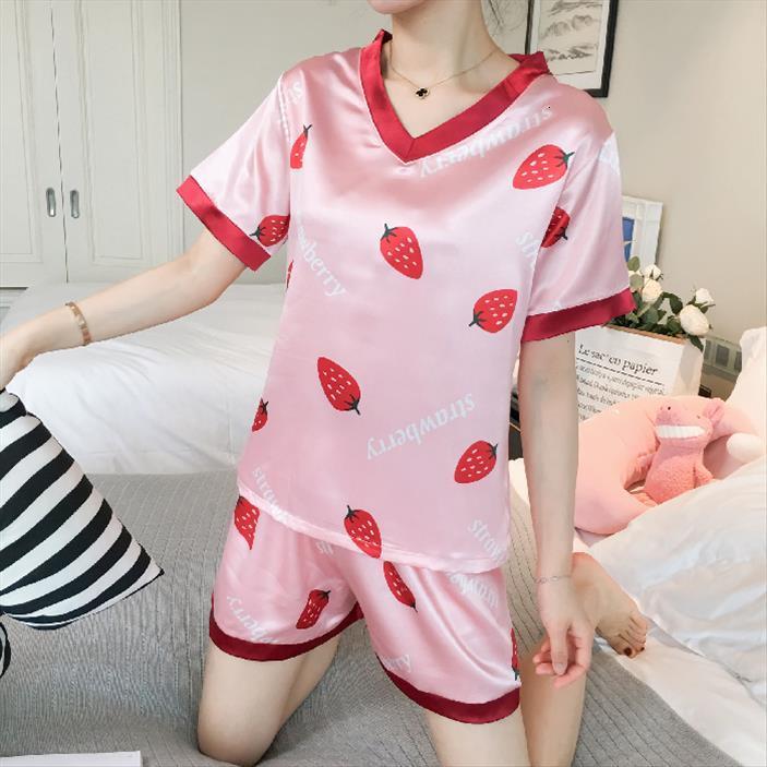 

set summer pajamas v neck womens sleepwears silk print sweet girl nightgown short pant pyjamas sets, Black;red