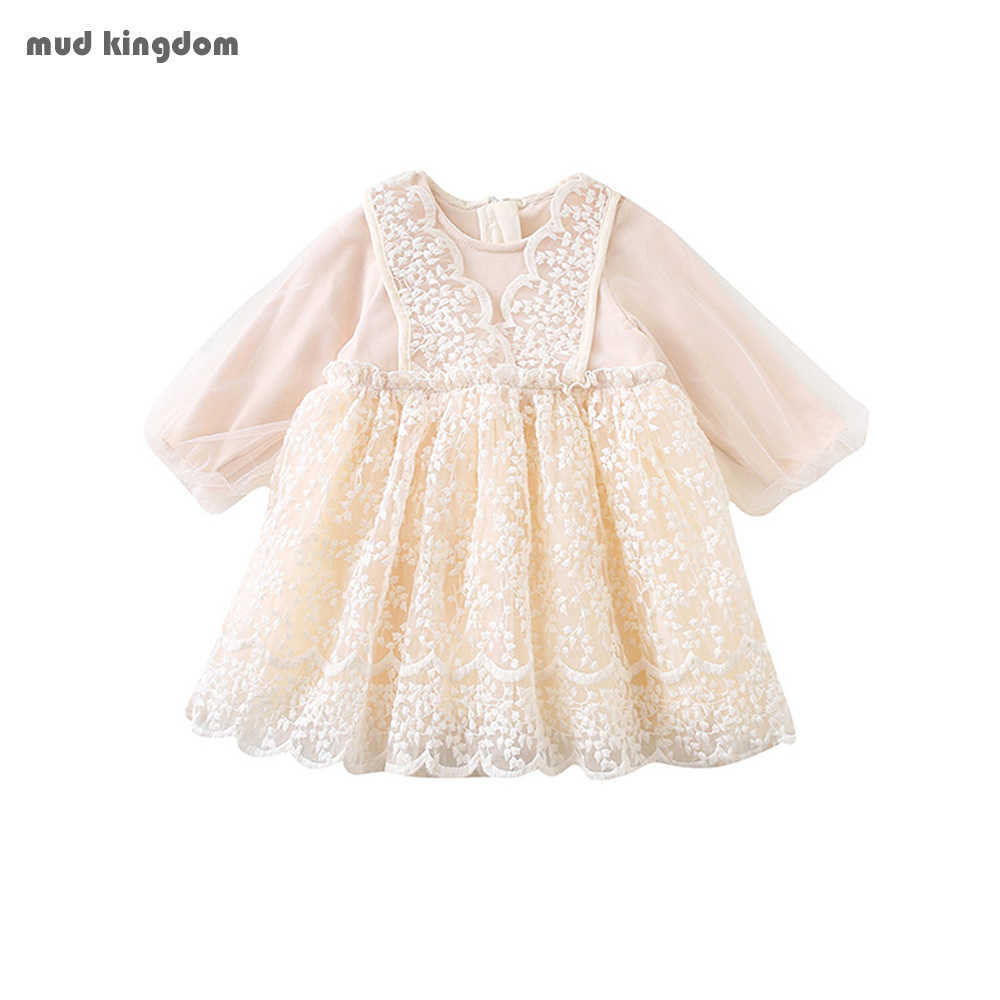 

Mudkingdom Girls Dresses Cute Long Sleeve Princess Solid Ruffle Lace Kids Clothes for 210615, Beige