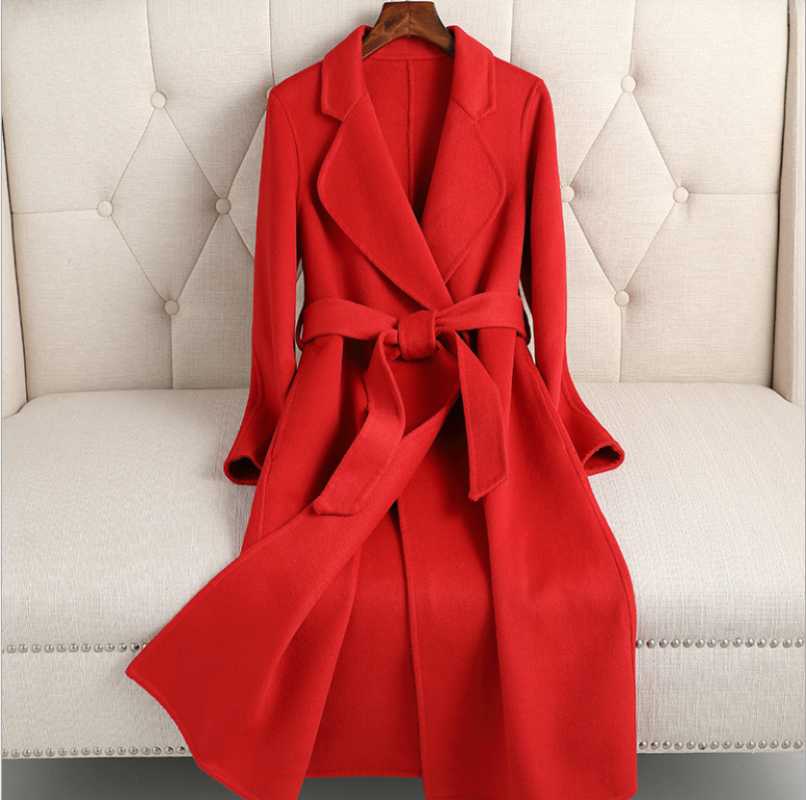 

Women' Trench Coats Notched Red Winter Woman' Elegant Long Cashmere Outerwear Camel Black Slim Belt Lady Double Breasted Fashion Woolen Ov, Color same picture
