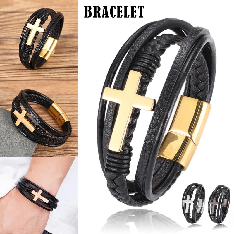 

Wholesale Faith Luxury Cross Design Stainless Steel Bracelet For Mens Leather AIC88 Link, Chain