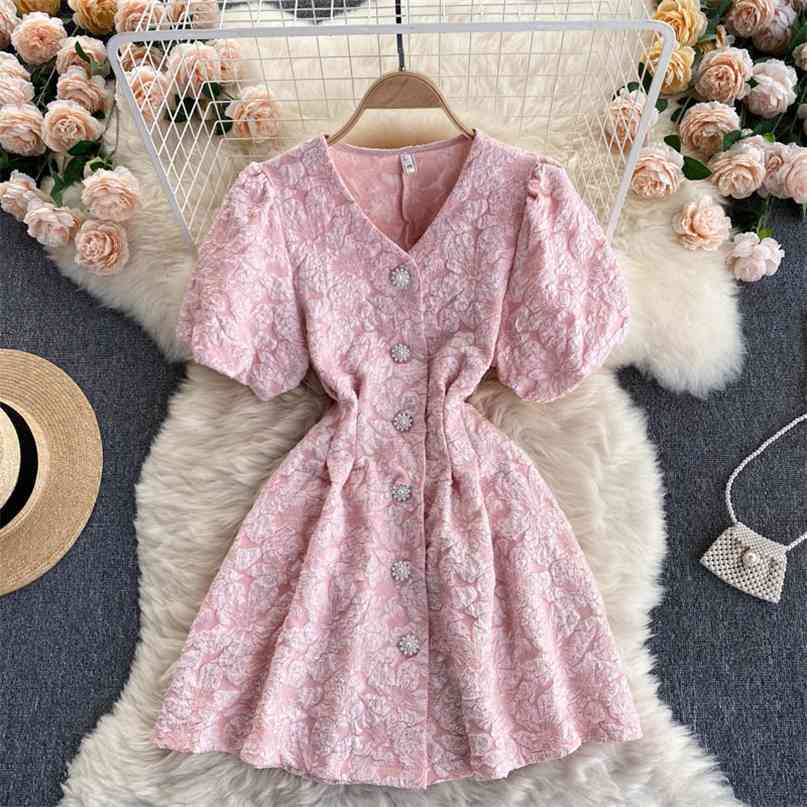 

Korean Fashion Women Spring Summer Dress Chic V-neck Puff Short Pearl Buttons Floral Hollow Out Back A-line 210603, Black