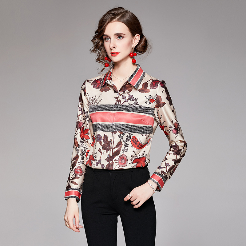 

New Arrival Dropshipping Spring Summer Runway Fashion Elegant Vintage Print Collar Women Ladies Casual Office Button Long Sleeve Top Shirts Blouses Workwear OL, 1151