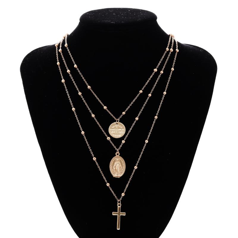 

Pendant Necklaces Cross Virgin Mary Goodness Round Coin Multi-Layer Women Necklace Beads Chain Link Anniversary Jewelry Gift