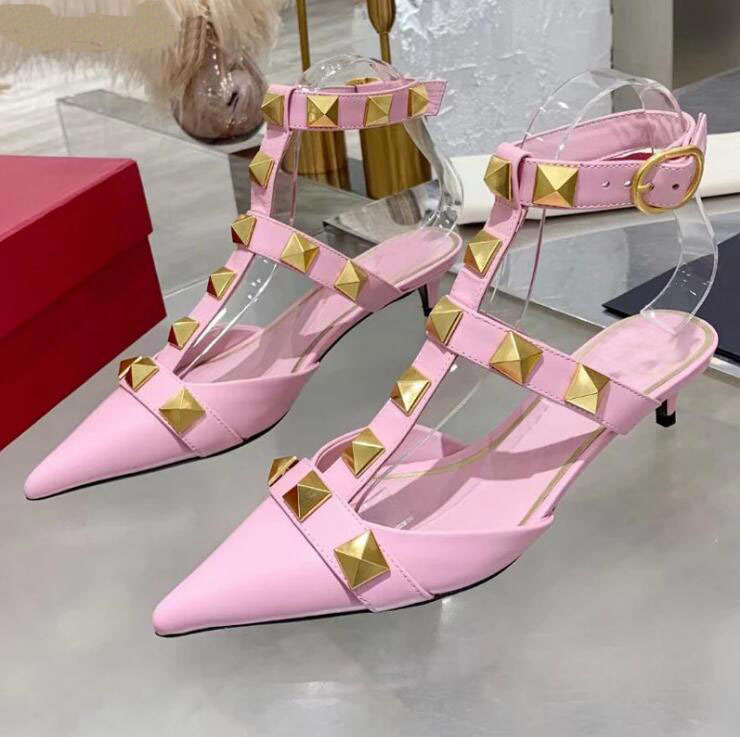 

Designer Gold Studded Women Sandals Ankle Strap Ladies Party Shoes Kitten Heel Brand Sandalis Runway 2021 Summer Pumps Mujer, Black