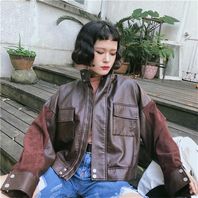 

Women's Jackets Solid Casual Pu Women Short Jacket Patchwork Loose Brown Leather Vintage Streetwear Kobieta Kurtka Coats, Black;brown