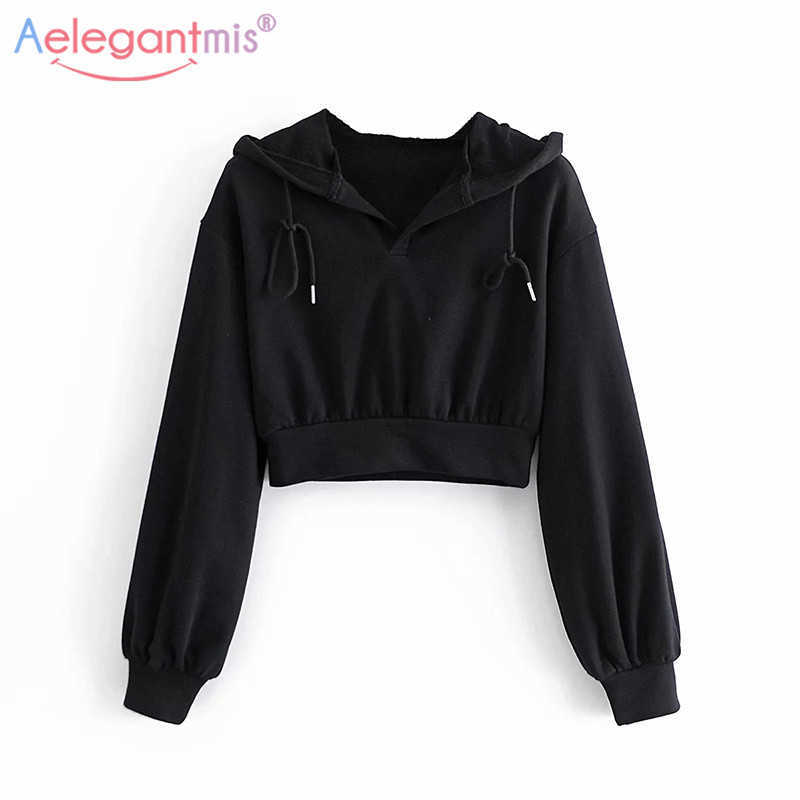 

Aelgentmis Casual Solid Cropped Hoodies Women Black Drawstring Long Sleeve Short Sweatshirt Loose Korean Pullovers Female Chic 210607