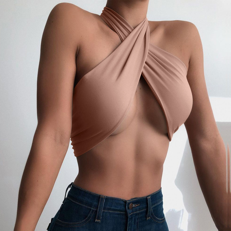 

Sleeveless Baless Halter Cross Crop Tops Women Summer Chic Fashion Club Party Sexy Bandage Tie Top Cropped Solidhigh quality, Apricot
