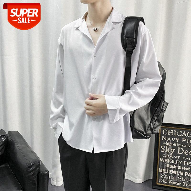 

White shirt male long-sleeved handsome dk men's casual loose student #6s1E, White;black