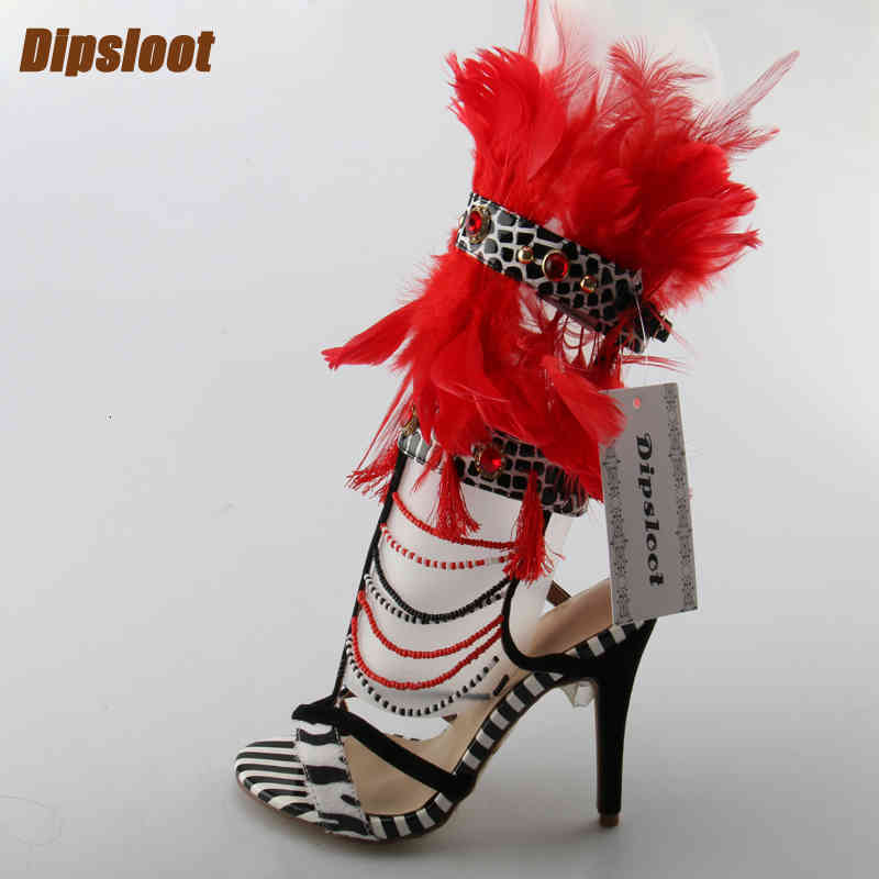 

sandals mixed colors of women with foot open style africa red feathers dressed by ladies high heels ouac, Black