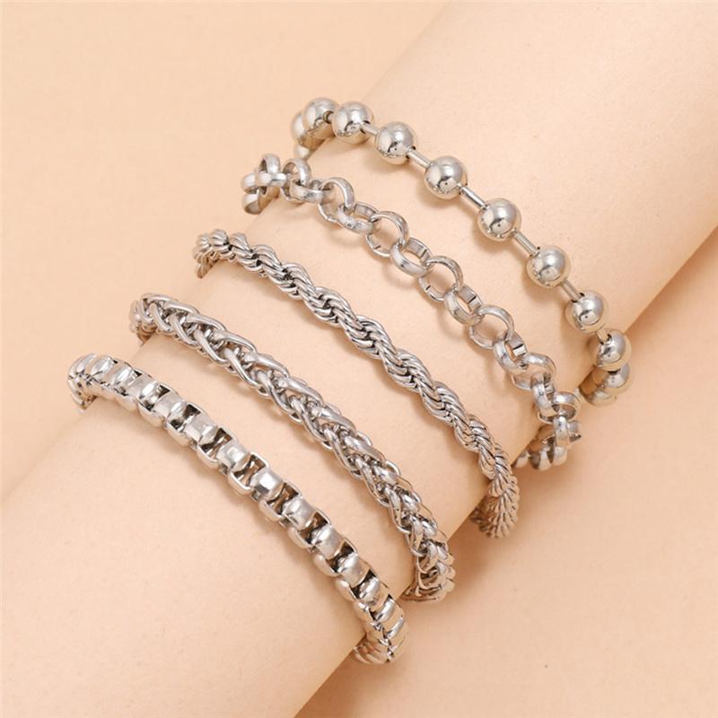 

Link, Chain 5-piece Set Hip-hop Punk Bracelets Bangles Women Men Beads Bracelet Sets Couples Vintage Boho Jewelry