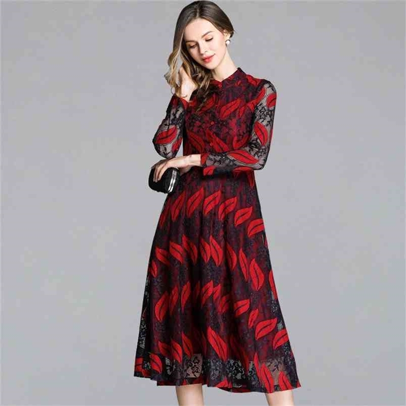 

HIGH QUALITY Spring Lace Dress Work Casual Slim Fashion O-neck Sexy Hollow Out Green Red Dresses Women Vintage Vestidos 210603, Picture color