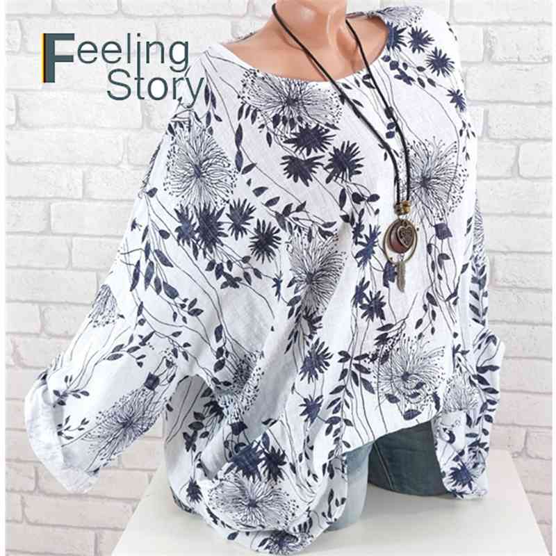 

Women' Tunics Plus Size O-Neck Leaves Print Blouse Bat Long Sleeve Tops Casual Loose Shirt Ladies and Blouses Blusas 210603, Green