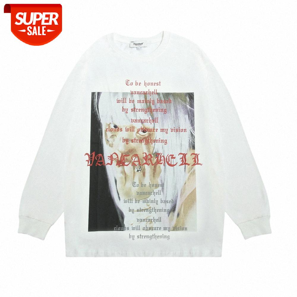 

Funeral character printed long-sleeved t-shirt men's loose round neck style pullover bottoming shirt #JQ5e, White;black