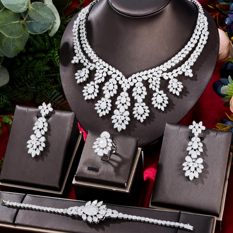 

Earrings & Necklace GODKI Silver Color 4Pcs Jewelry Sets African For Women Wedding Party Luxury Cubic Zirconia Dubai Bridal Set, As pic