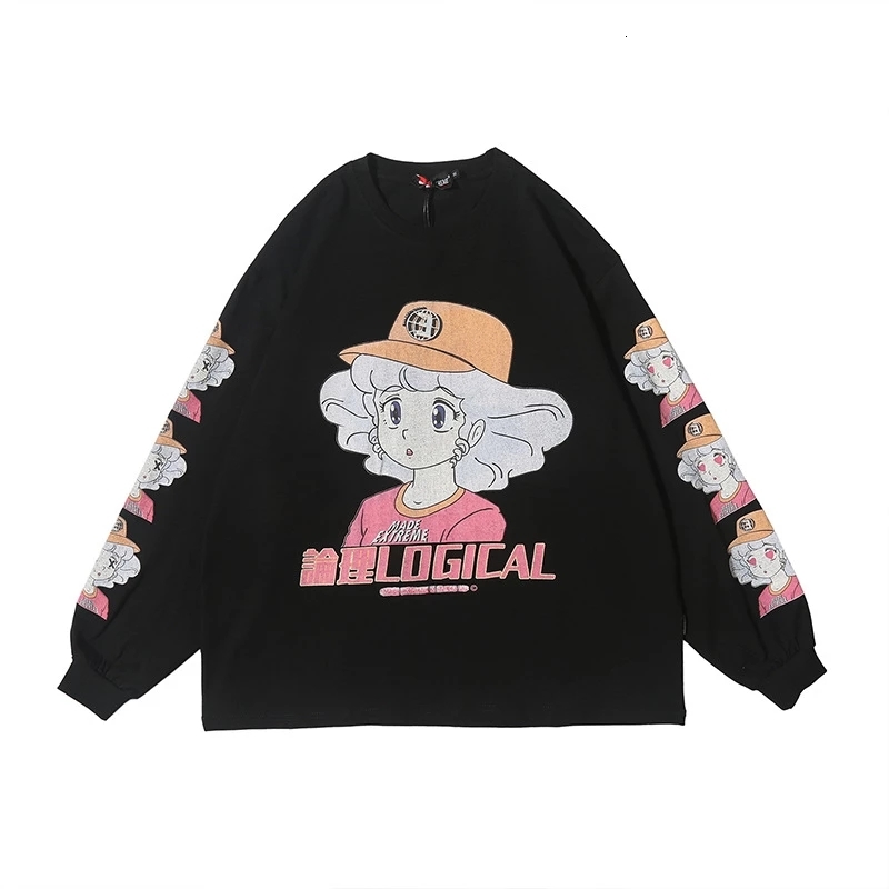 

men's hoodies & sweatshirts camiseta manga longa japonesa para homens e meninas, camiseta de algodÃ£o estampa kanji, senho animado, hara, Black