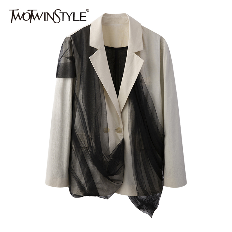 

Khaki Patchwork Mesh Blazer For Women Notched Long Sleeve Hit Color Korean Casual Blazers Female Spring Fashion 210524