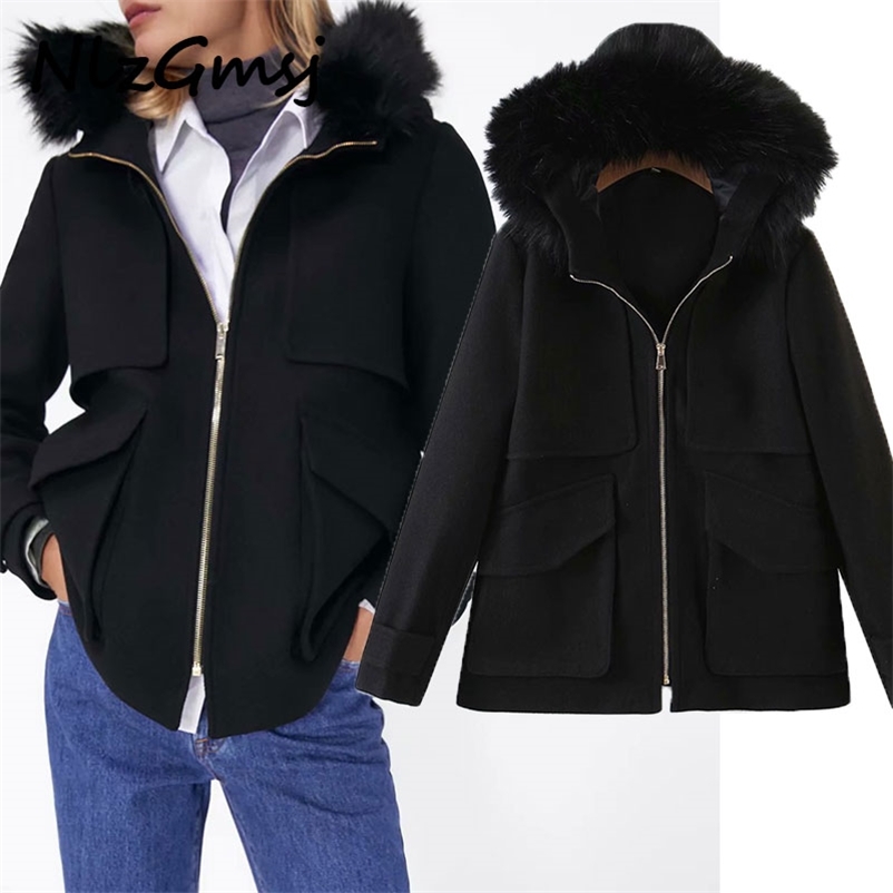 

Jacket Women Black Warm Thick Coats Fur Hood Long Sleeves Pocket Ladies Elegant Winter Coat 210628, As picture
