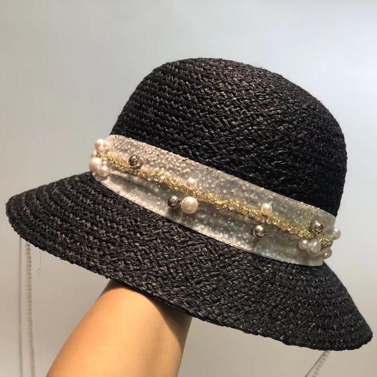 

Japanese Lafite Straw Hat Women's Summer Sunscreen Sun Basin Small Fresh Pearl Diamond Decorated Fisherman's Stingy Brim Hats, Black