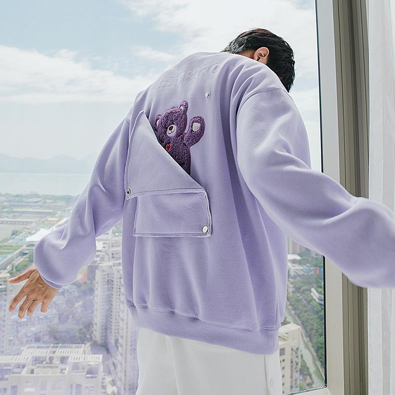 

Men' Hoodies & Sweatshirts Pullover Tops Long-sleeved Design Flocking Back Cute Hide Bear Loose Round Neck Kawaii Embroidery Teen, Black