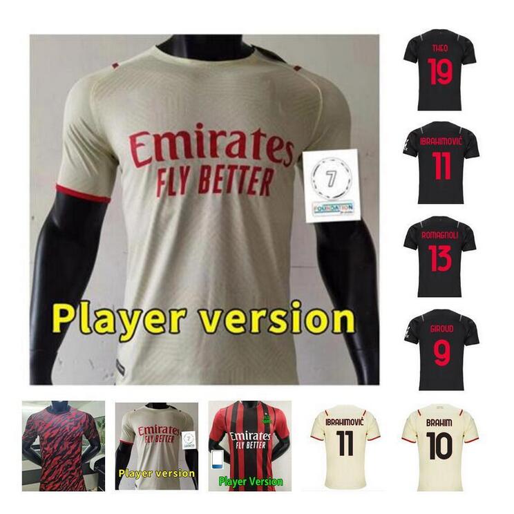 

Player Version AC 21 22 Milan soccer jersey IBRAHIMOVIC GIROUD BENNACER TONALI ROMAGNOLI jersey 2021 2022 CALHANOGLU REBIC football shirt, Black;yellow
