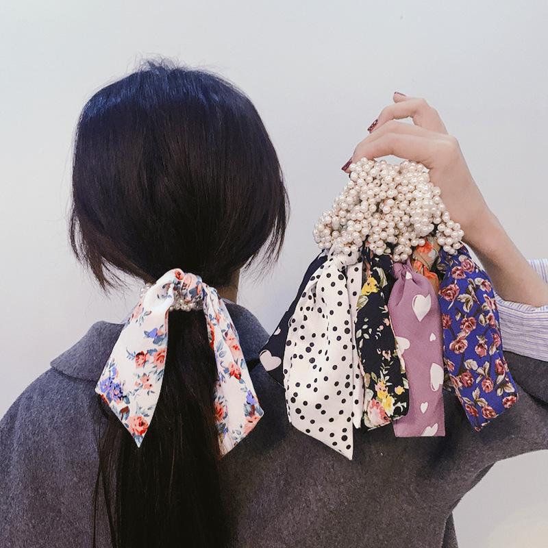 

Hair Accessories Print Flower Satin Bow Scrunchies Pearl Elastic Ties Hairband Ponytail Holder Headband Headwear