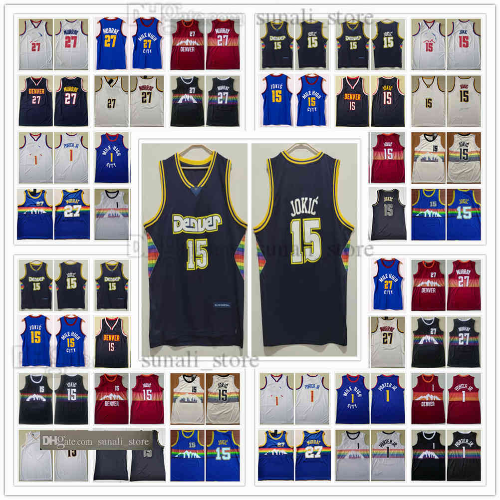 

100% Stitched 15 Nikola Basketball Jersey 2021-22 City Navy Jokic Jamal Murray 27 Michael Porter Jr. 1 Blue White Black Orange Men Sports Shirts Embroidery Edition