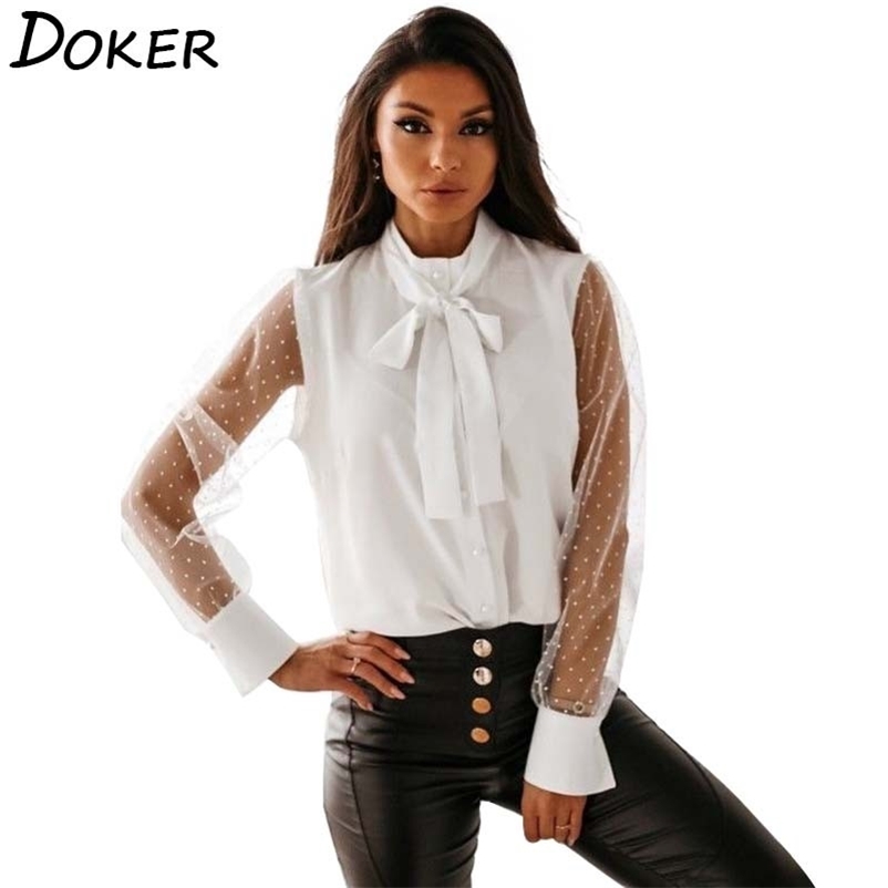 

Autumn Blouse Womens Clothes Casual Fashion Bow Collar Mesh Long Sleeve Elegant Office Ladies Shirts Plus Size Tops And Blouses 210604, White