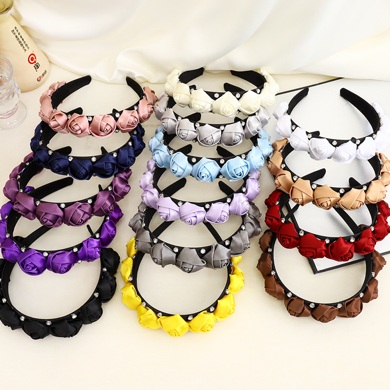 

2021 Vintage Rhinestone Cloth Rose Bezel Hairband Hair Accessories Women Girl Headband Opaska Do Wlosow Bandeau Femme Diademas