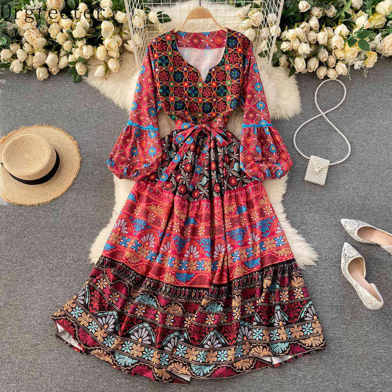 

Ethnic style Retro Printed Bohemian Holiday Dress for Women V-neck Long Lantern Sleeve Sashes Bow Big Swing Sundress 210525, Blue