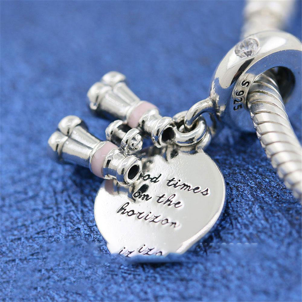 

100% 925 Sterling Silver Heart Binoculars Pendant & Pink Enamel Charm Bead Fits European Jewelry Charm Bracelets