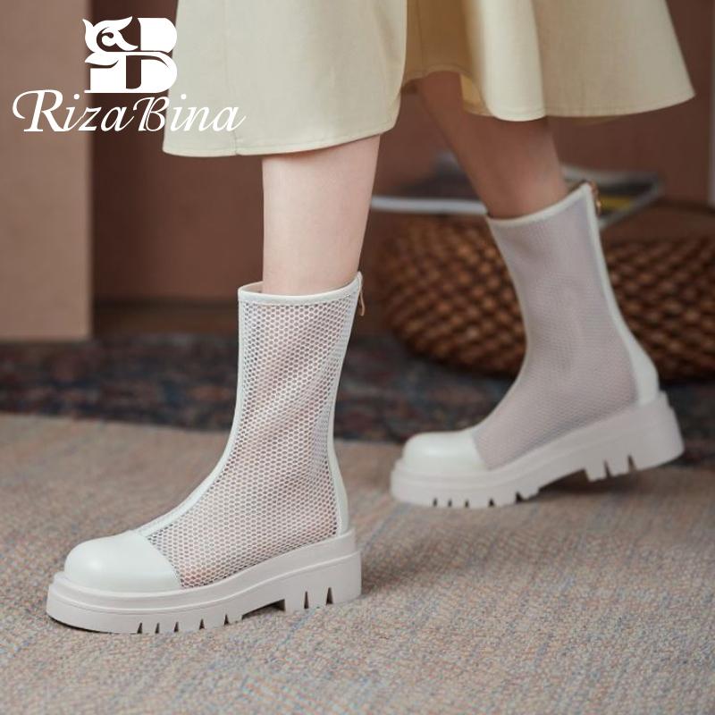 

Boots RIZABINA 2021 Real Leather Women Summer Cool Round Toe Zipper Square Heel Hollow Out Outdoor Shoes Footwear Size 33-43, Black