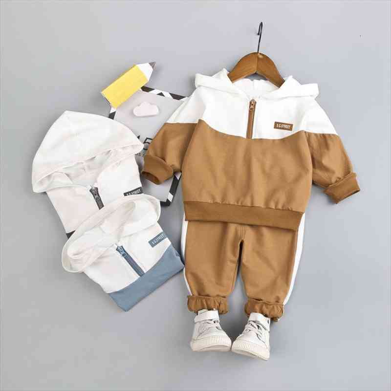 

Spring And Autumn Childrens Suits Boys And Girls Baby Stitching Color Hooded Long-sleeve Sweatshirt Trousers 2 Pcs, White