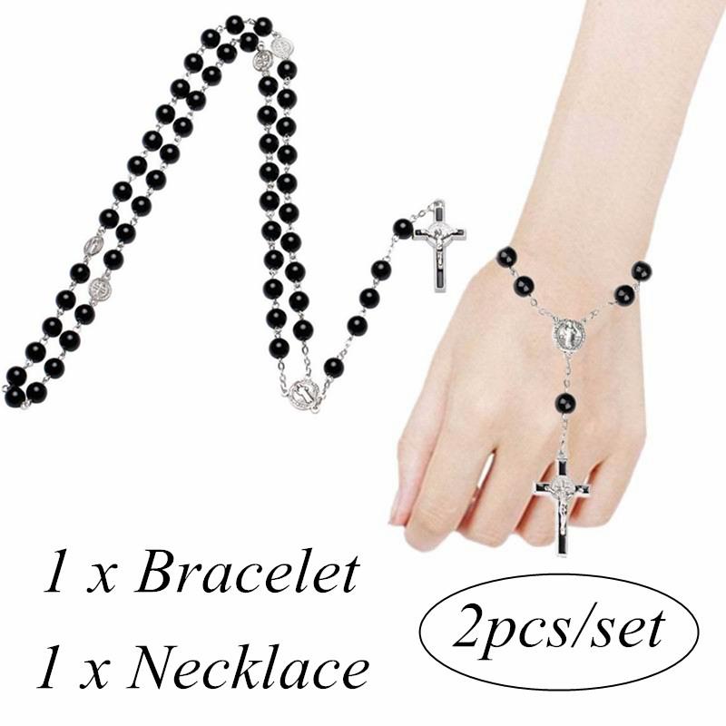 

Earrings & Necklace 2Pcs/Set Black Beads Religious Jewelry Christian Jesus Virgin Mary Cross Rosary Bracelet Set, Silver