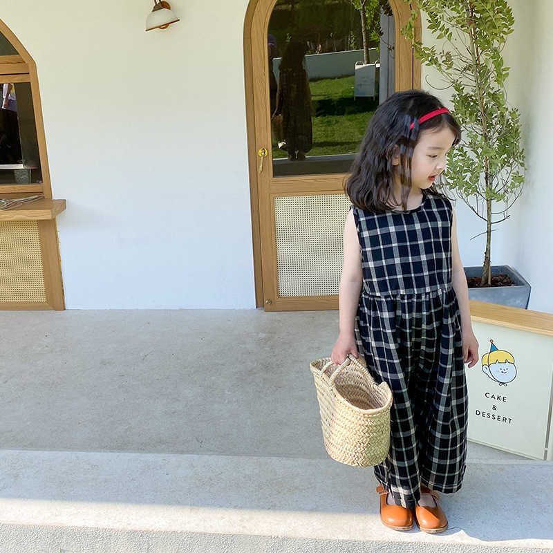 

Girls Summer sleeveless loose plaid bodysuits baby girl cotton linen cool wide leg overalls 1-7Y 210615, Coffee plaid