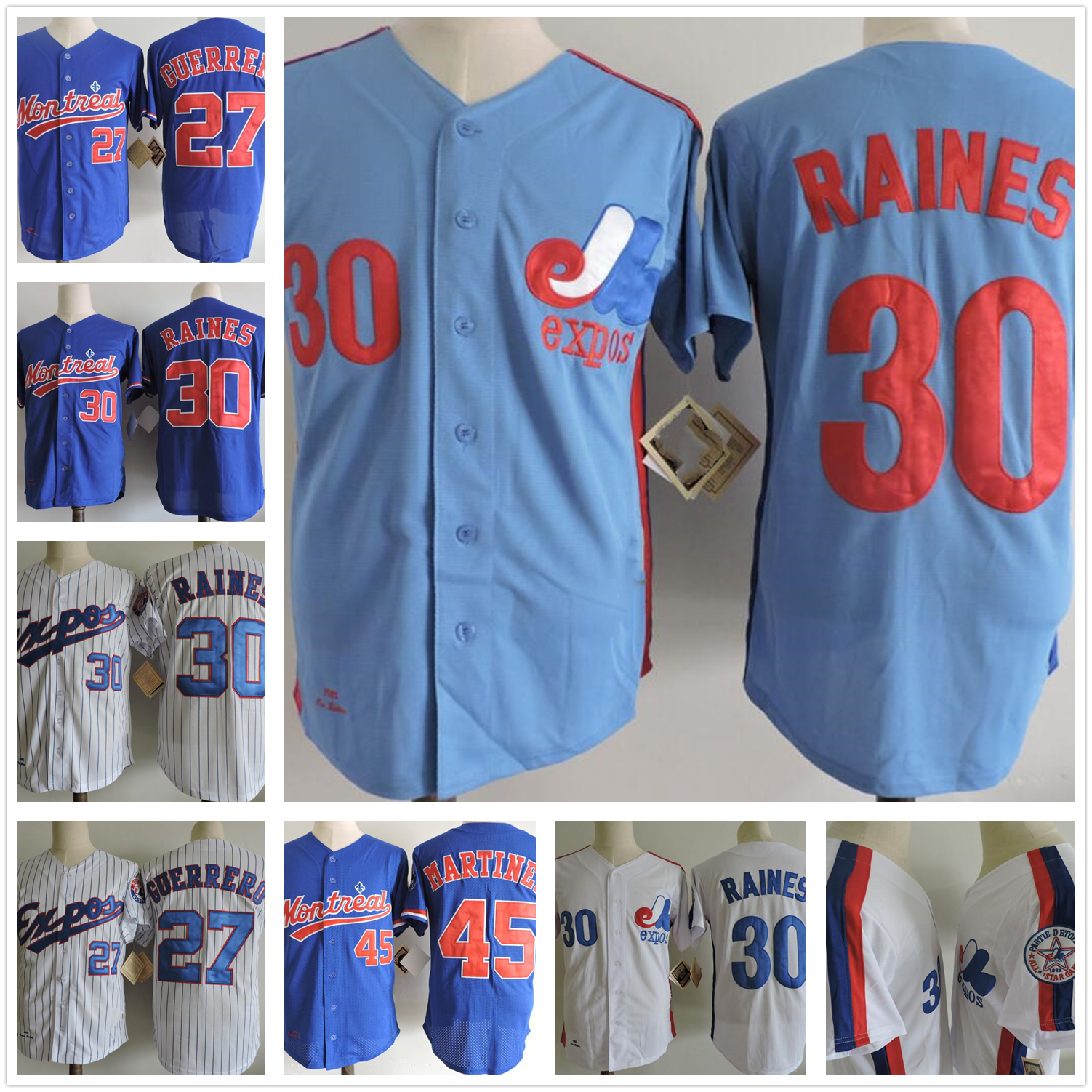 

Montreal Expos 30 Tim Raines 8 Gary Carter jersey 45 Pedro Martinez Retro Vintage Men's jerseys 27 Vladimir Guer, Blue