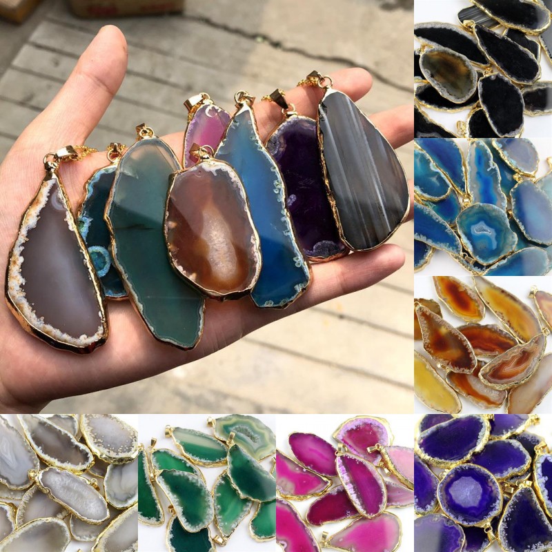 

Natural Stone Pendant Necklace Onyx Charms Pendants Multicolor Slice Irregular Agat Crystal Stones Quartz Pendant DIY 1104 T2