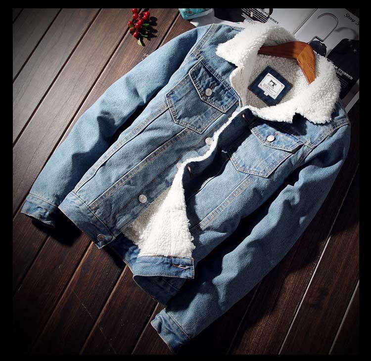 

winter sheepskin jeans jacket fashion trendy Korean loose lamb fur lining coat for men high quality thick mens clothing jackets, Dark blue plus velvet