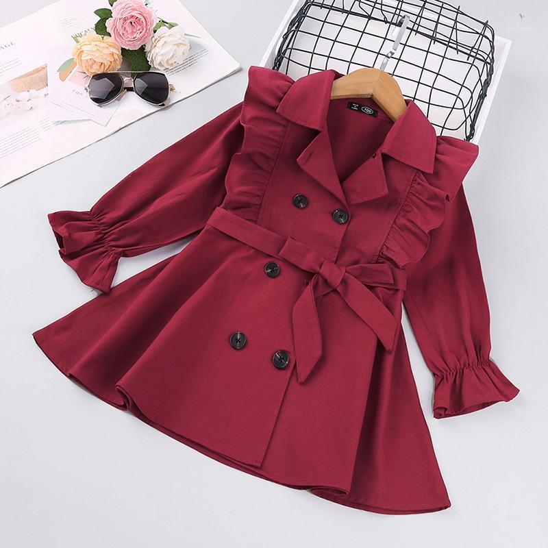 

Coat 2021 Autumn Kids Girls Trench Long Puff Sleeves Turn-down Collar With Sashes Fashion Outwear Children Clothes E8164, Blue;gray