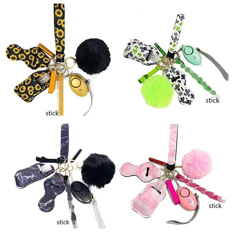 

9 pcs Defense Keychain Set Alarm Pompom Hand Sanitizer Wrist strap Lipstick Keychains Bottle Opener Whistle For Woman Men Self-defense Keyring 23 Colors