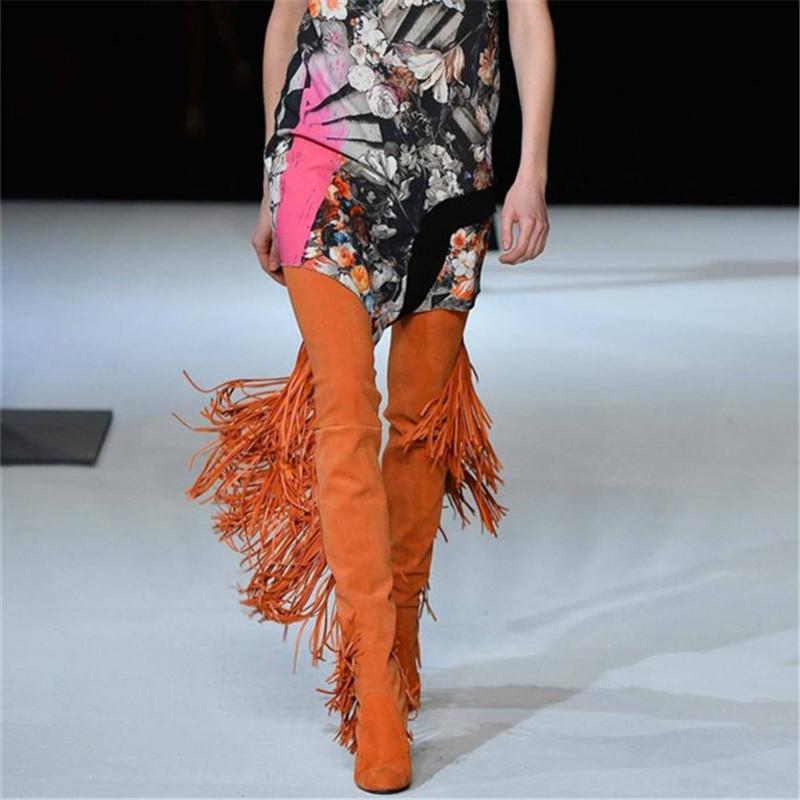 

Boots Chaussures Femmes Orange Thigh High Long Women Fashion Womens Catwalk Over The Knee Heels Tassel Shoes, Black