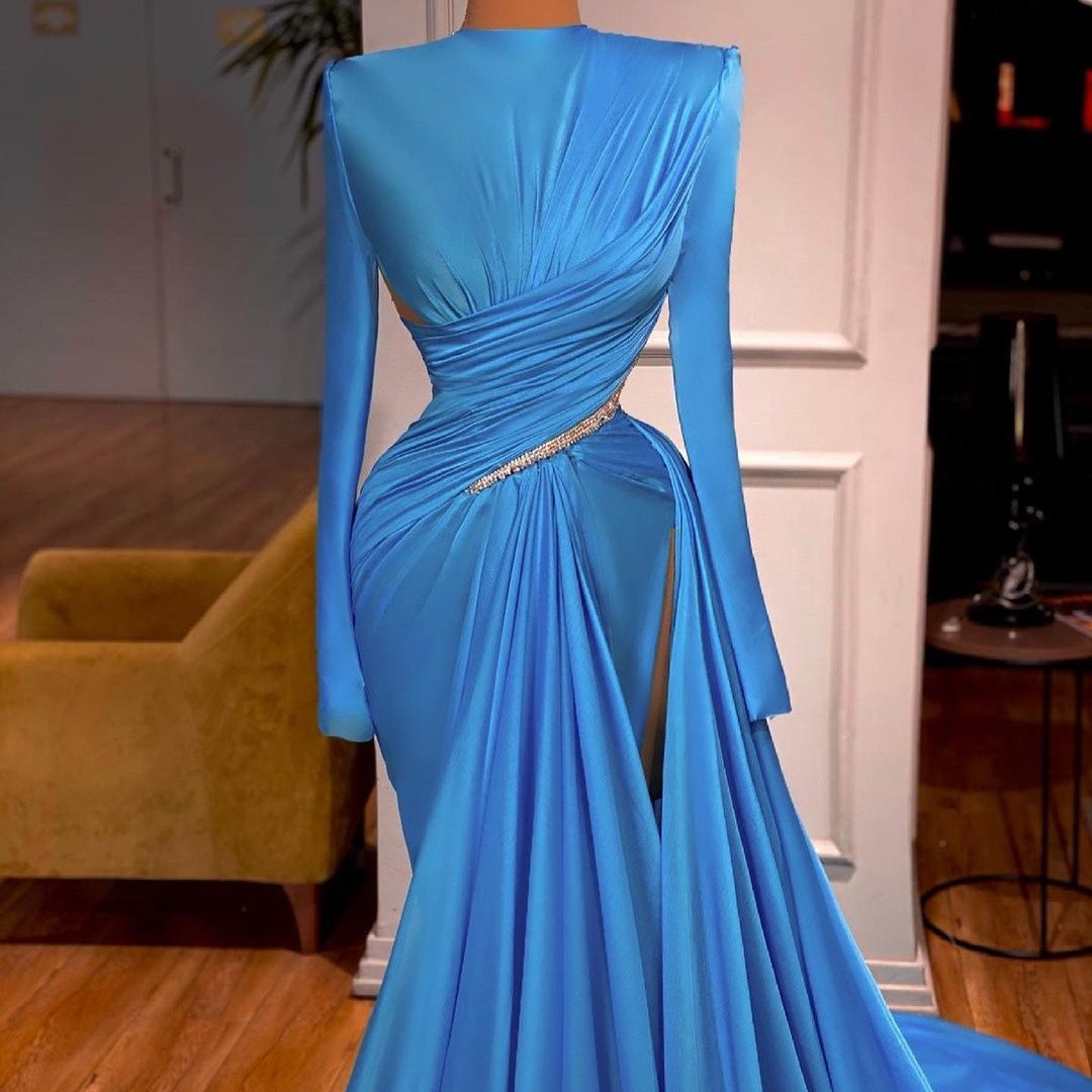 

2021 Blue Mermaid Evening Dresses Pleats Satin Cap Sleeve Prom Gowns Side Split Beading Sweep Train Party Dress, Champagne