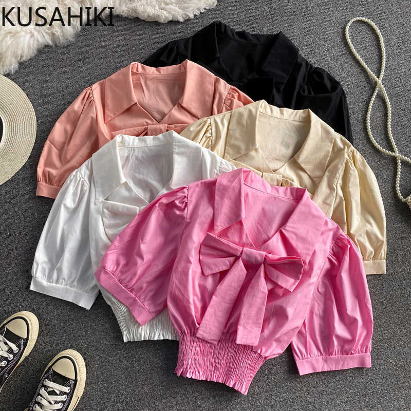 

KUSHAIKI Elegant Slim High Waist Short Blouse Puff Sleeve Turn-down Collar Shirt Korean Sweet Bowknot Top Blusas 6G185 210603, Apricot