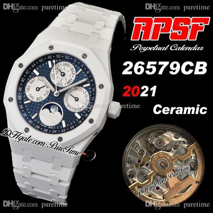 

APSF 41mm Perpetual Calendar 26579CB A5134 Automatic Mens Watch Superlumed Blue Textured Dial Moon Phase White Ceramic Case And Bracelet Sup, Slivery;brown