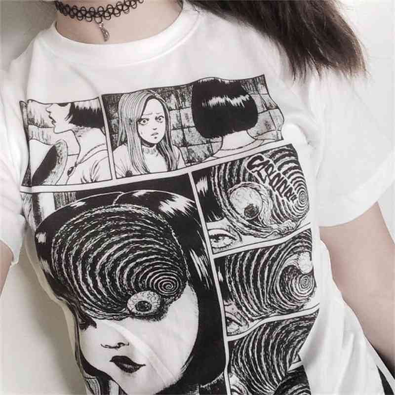 

Summer Fashion Junji Ito Horror Manga Uzumaki T-Shirt Women's Grunge Aesthetic Anime Tee Hipsters Harajuku Style Shirt 210518, White